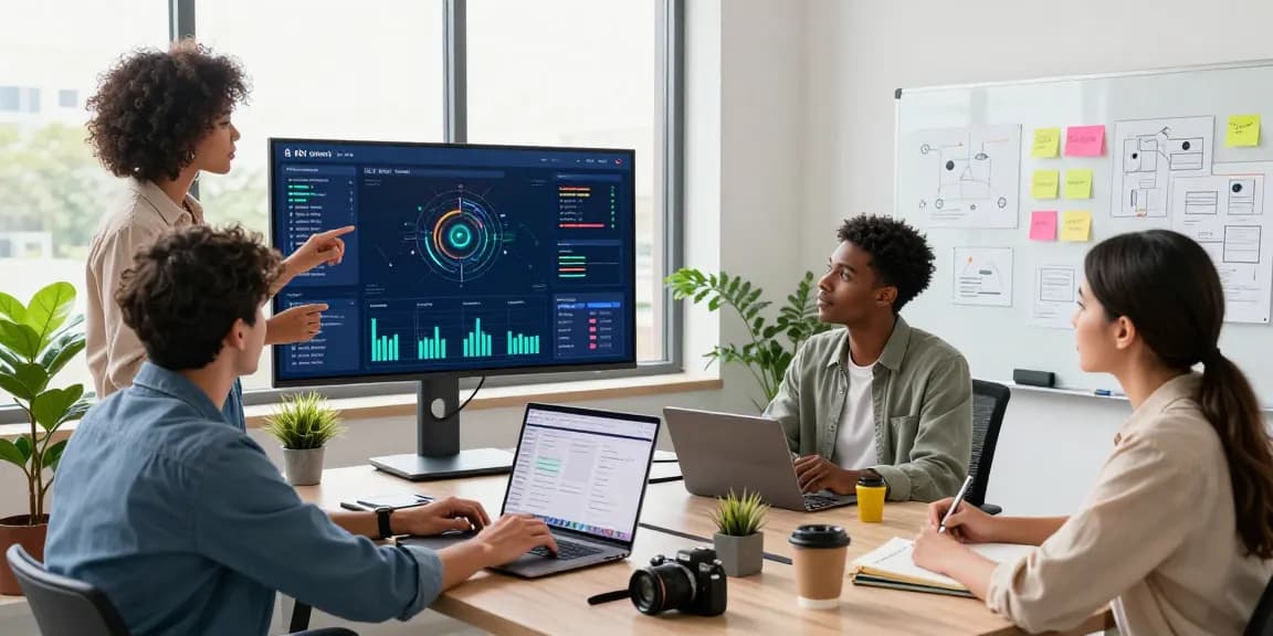 Team collaborating on AI productivity tools in a modern workspace, showcasing vibrant data visualizations and tech-driven productivity.