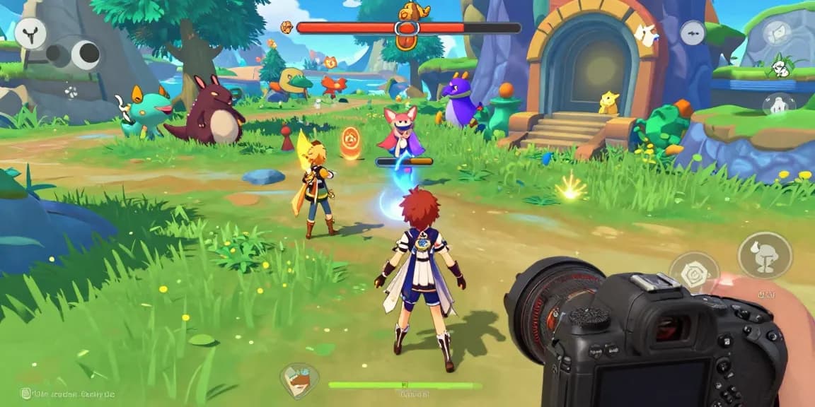 Engaging scene from an ecchi game showcasing vibrant anime characters and a colorful fantasy landscape.