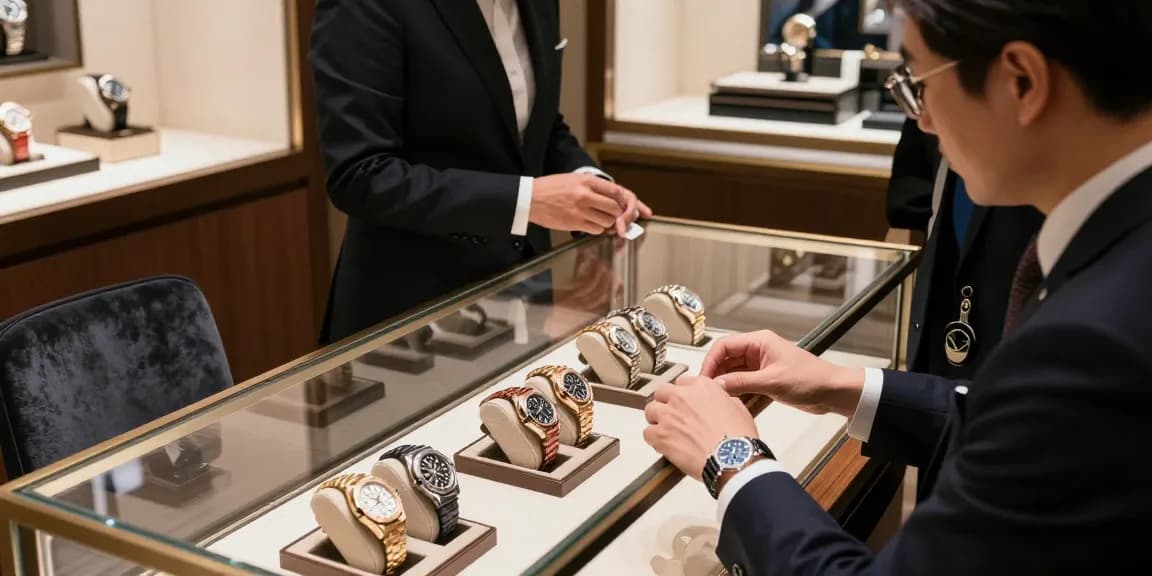 Stylish individual exploring super clone watches at luxury boutique, showcasing elegance and craftsmanship.