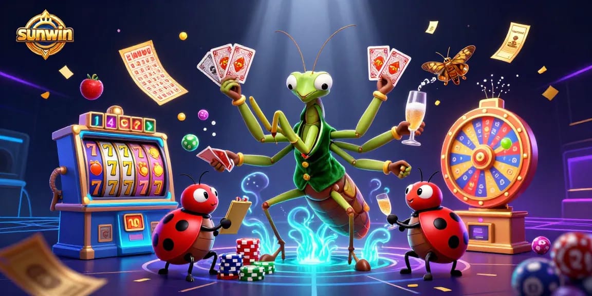 Join sunwin's exciting gaming adventure with a vibrant 3D casino scene showcasing a mantis dealer and plenty of dynamic action.