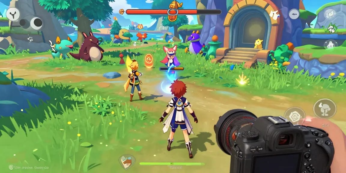 Engaging scene from an ecchi game showcasing vibrant anime characters and a colorful fantasy landscape.