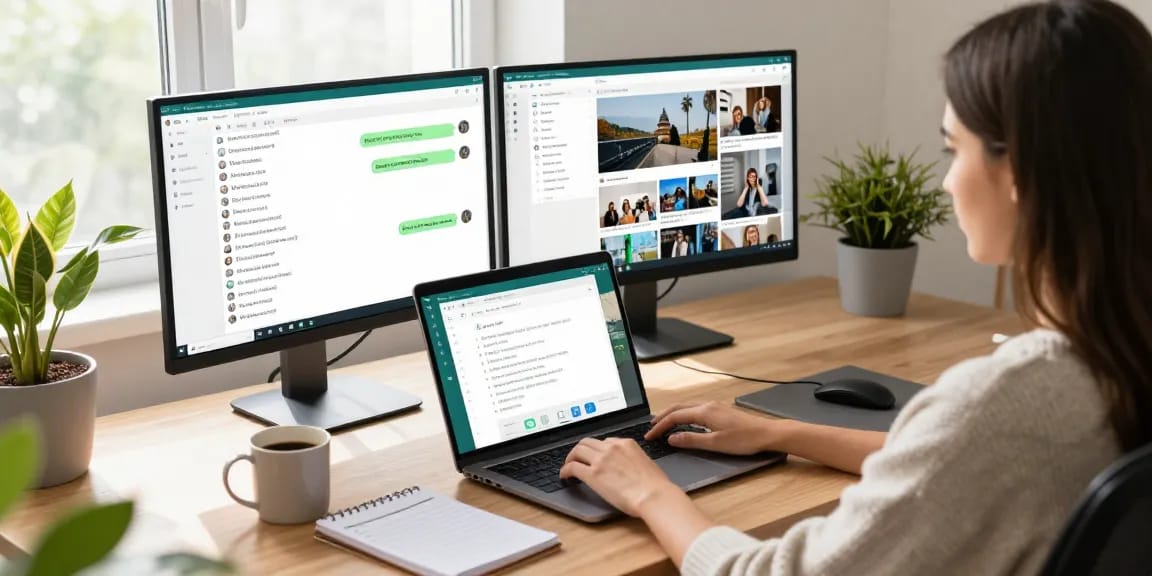 Person using WhatsApp電腦版 in a modern home office with laptop and dual monitors.