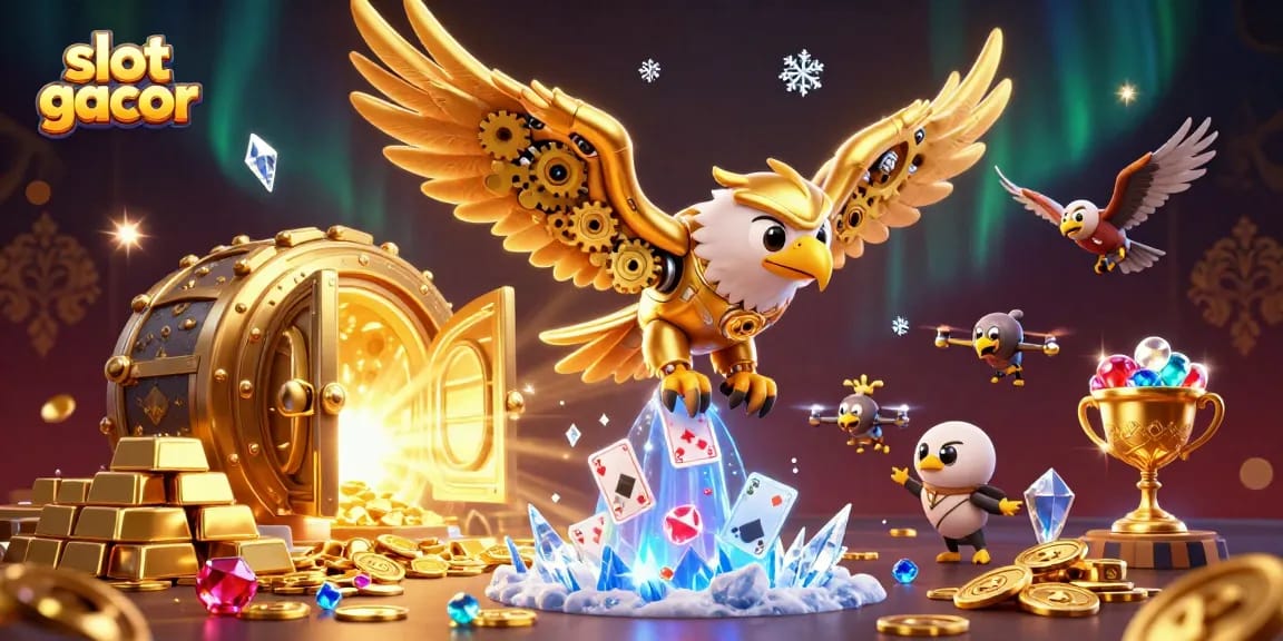 Engage with slot gacor adventures in an immersive 3D casino scene filled with treasures.