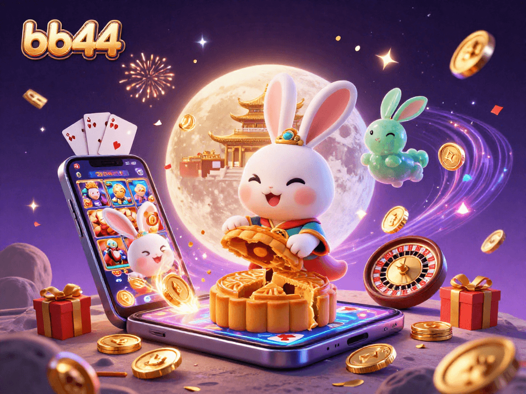 Experience excitement at bb44 with an enchanting scene featuring a rabbit unveiling hidden poker chips among dazzling casino elements.