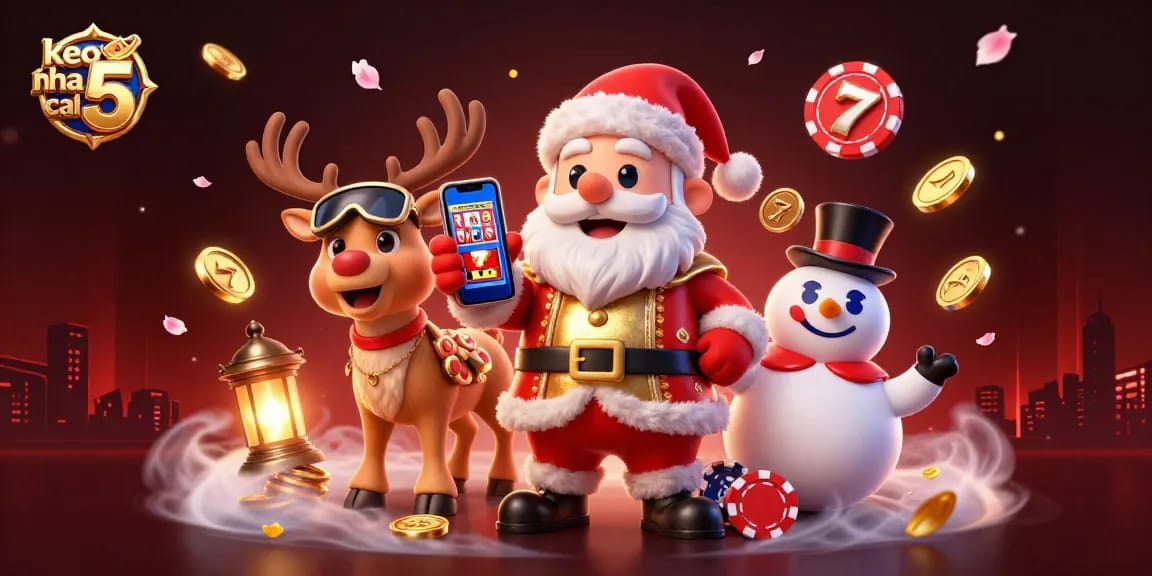 Engage with keo nha cai 5 as Santa wagers on jackpot slots in a vibrant casino scene.