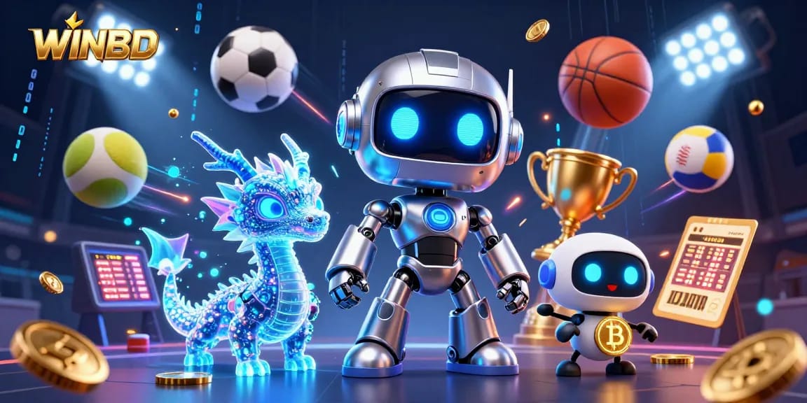 WINBD showcases a lively 3D cyberpunk universe with animated sports elements and a Bitcoin symbol for thrilling bets.