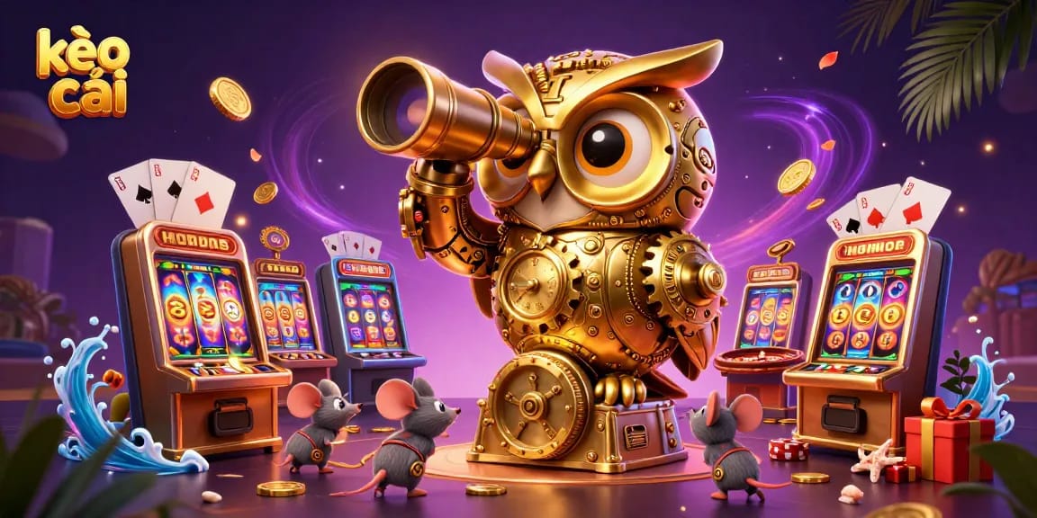 Engage with kèo nhà cái through vibrant casino action, featuring an owl and colorful slot elements.