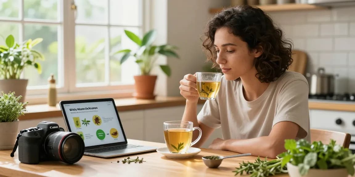 Enjoying www.behappygoleafy.com/white-maeng-da-kratom tea in a cozy kitchen, promoting wellness.