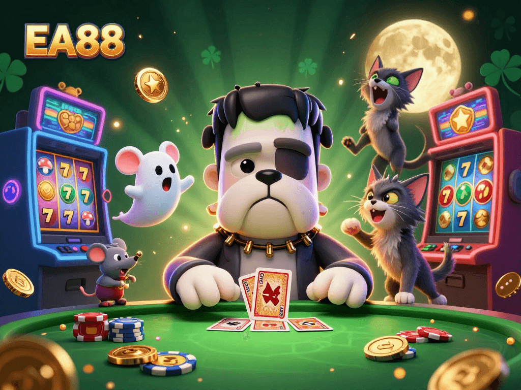 EA88 online casino showcases colorful characters in a lively gambling scene with slot machines and golden accents.