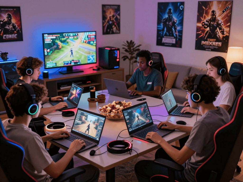 Players enjoying an adult game in a cozy gaming setup with laptops and snacks.