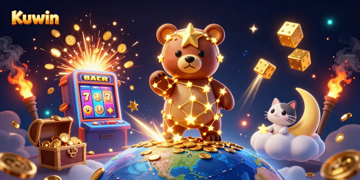 Kuwin's constellation bear scoops coins amid a vibrant casino environment filled with excitement.