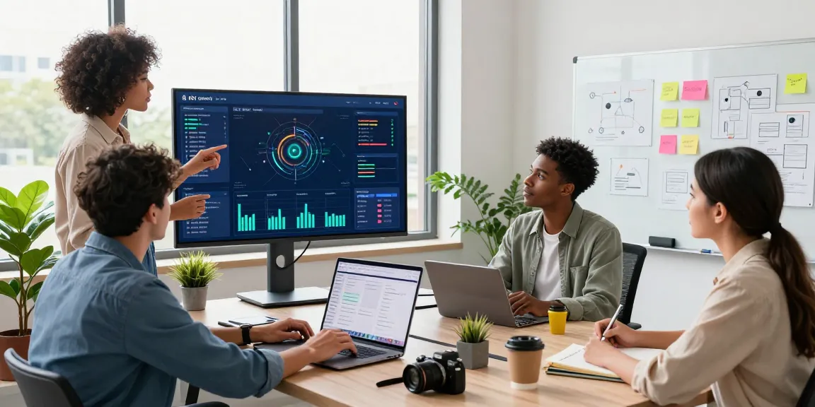 Team collaborating on AI productivity tools in a modern workspace, showcasing vibrant data visualizations and tech-driven productivity.