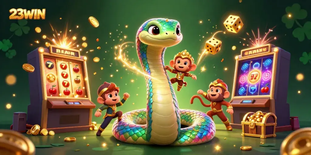 Experience the excitement of 23WIN with vibrant carnival characters and a jackpot explosion.
