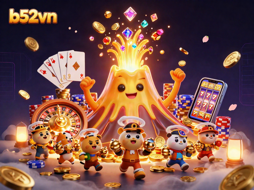 Win big at b52vn with a dynamic 3D casino illustration featuring joyful characters and gambling excitement.