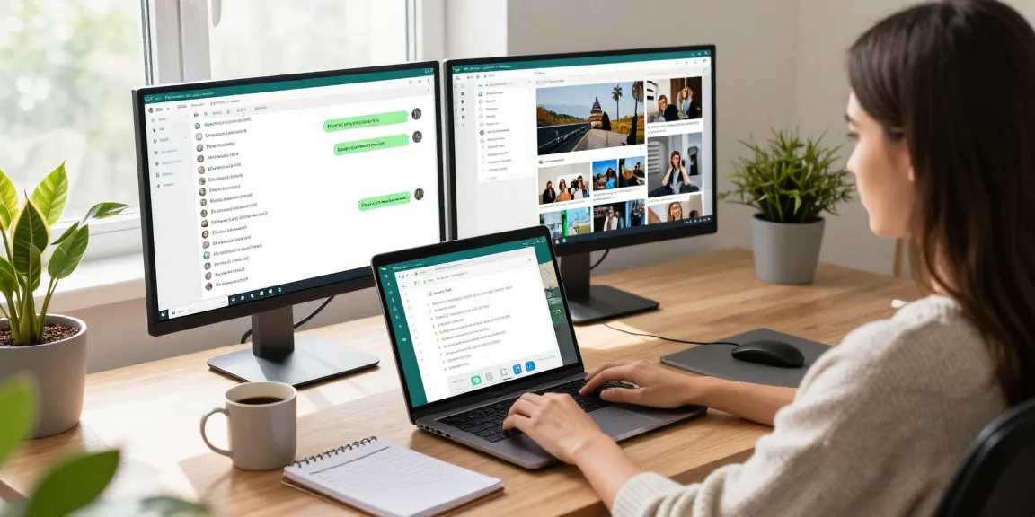 Person using WhatsApp電腦版 in a modern home office with laptop and dual monitors.