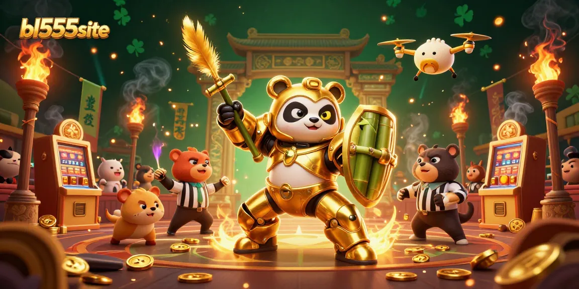 Engage in thrilling gameplay at bl555site with a dynamic 3D casino scene featuring a golden panda robot.