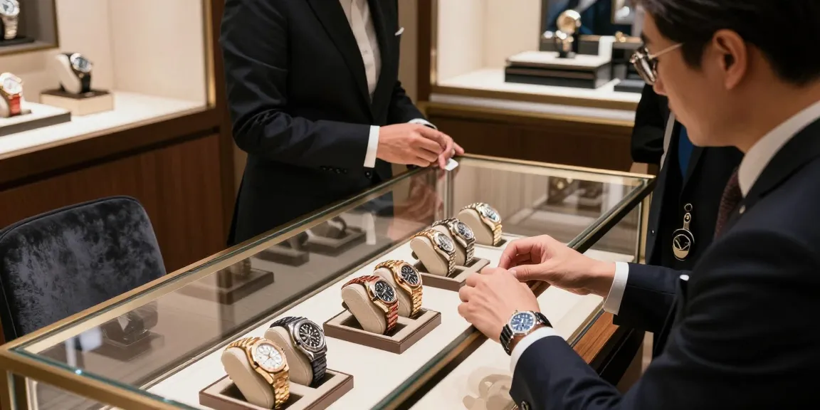 Stylish individual exploring super clone watches at luxury boutique, showcasing elegance and craftsmanship.