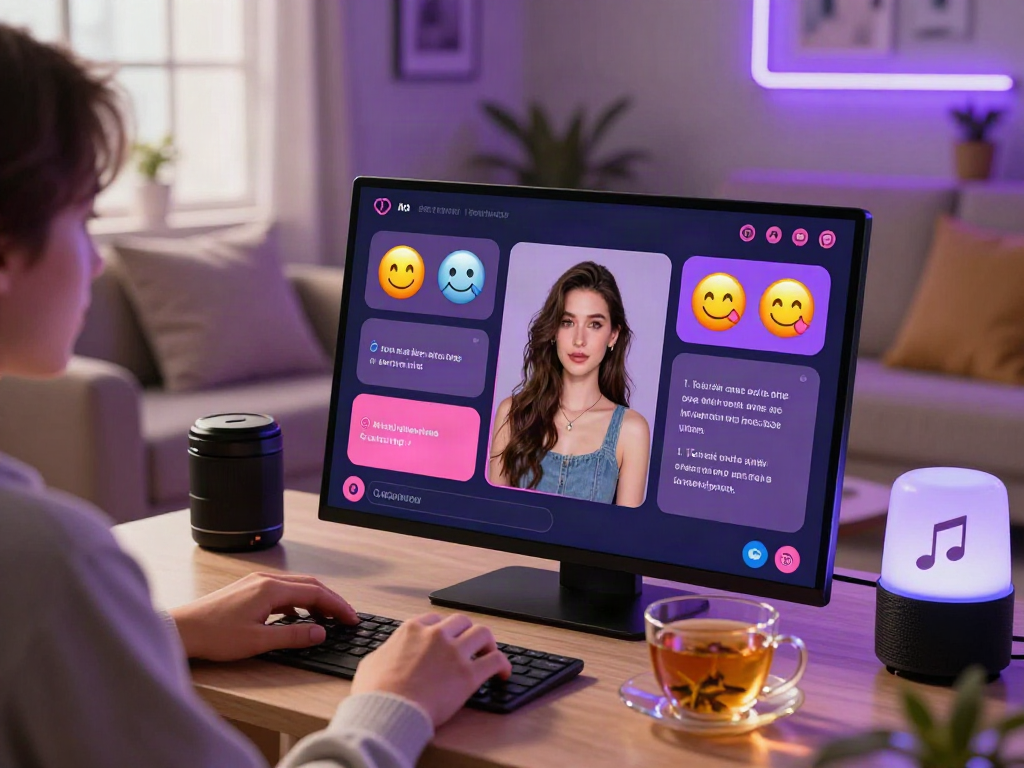 AI sex chat interaction on futuristic interface in cozy home environment.