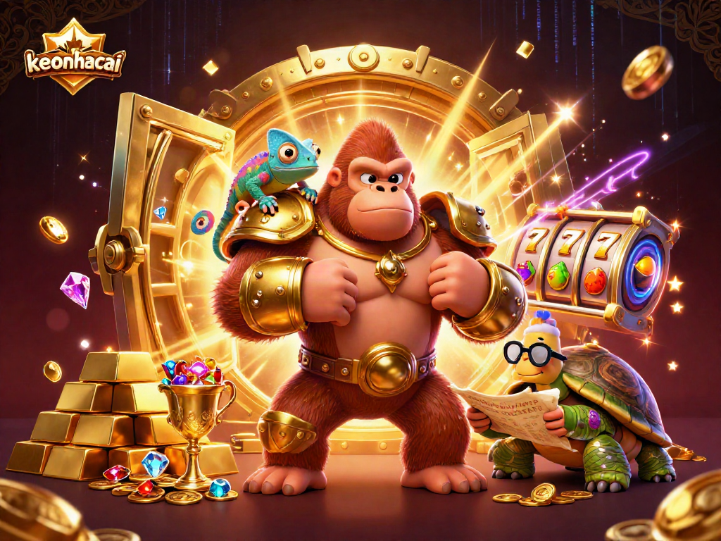 Engage with the excitement of keonhacai as a powerful gorilla king and companions explore treasure and slots.