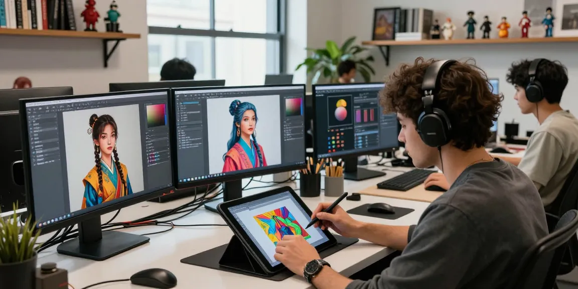 Creative team generating nsfw ai content in modern urban art studio filled with digital screens and vibrant designs.