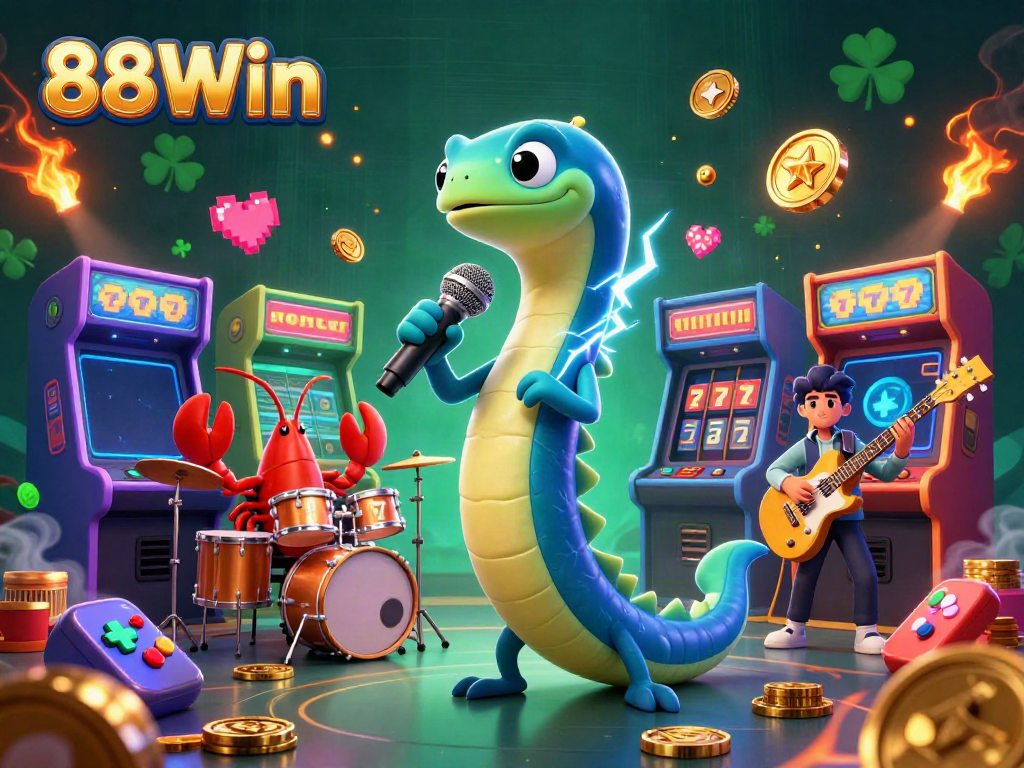 Engage with the vibrant 88Win underwater casino scene featuring a DJing electric eel and a dynamic band.