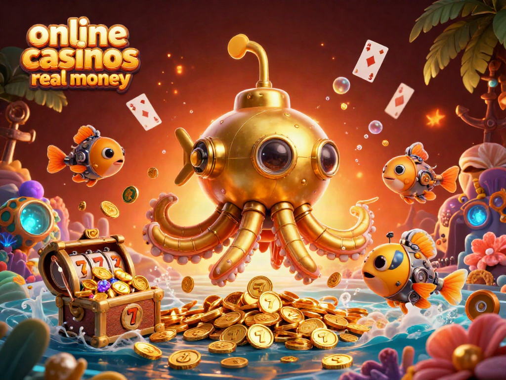 Engage with online casinos real money in a vibrant 3D scene featuring a golden kraken submarine and mechanical fish amongst slot reels and treasure.