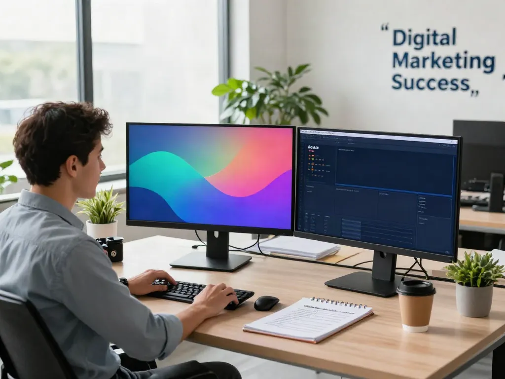 Digital marketing specialist analyzing instant indexing tools in a modern office.