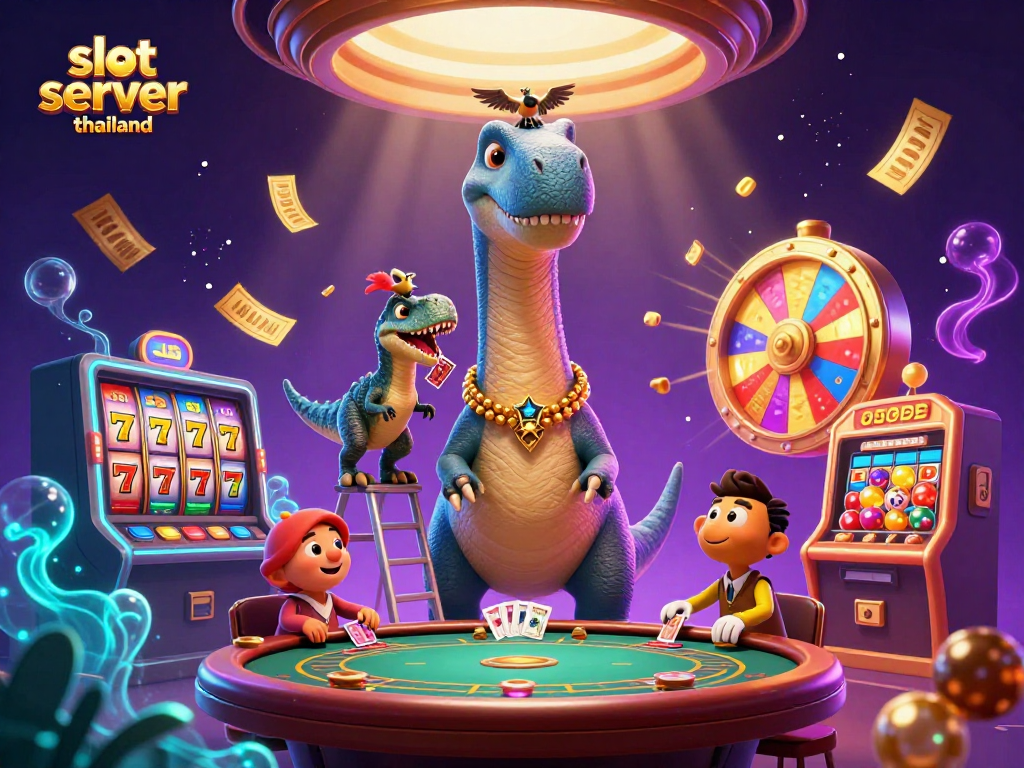 Engage with the slot server thailand experience through a vibrant casino scene filled with dynamic slot elements.