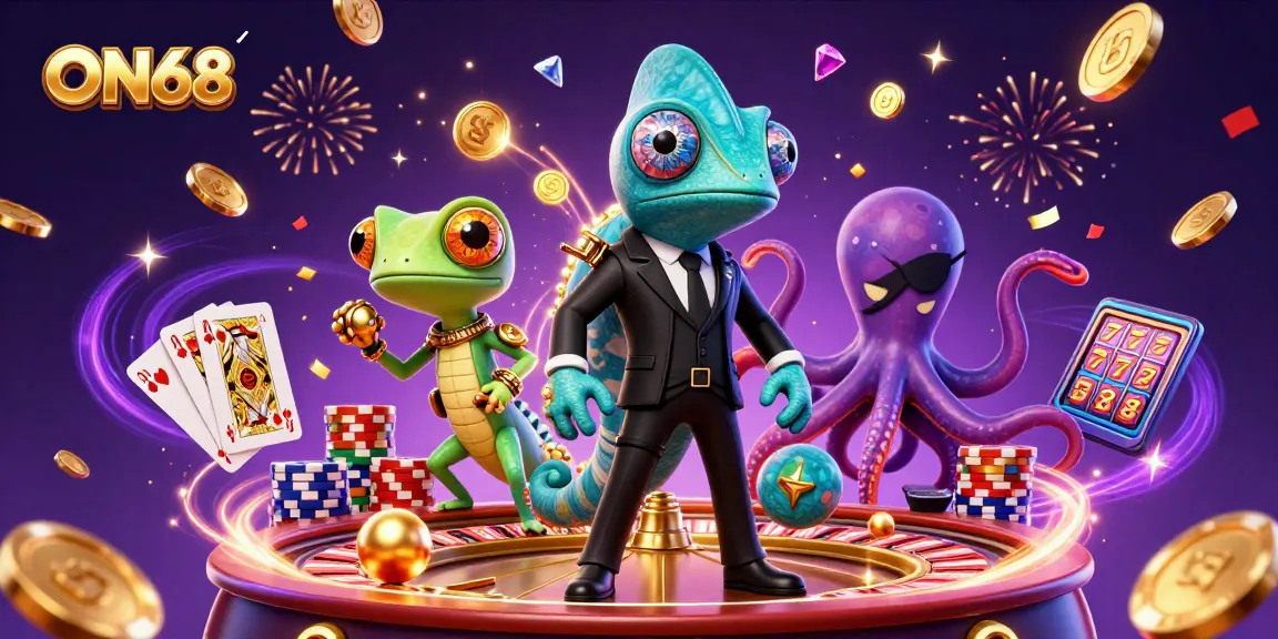 Experience the thrilling world of ON68 with dynamic 3D characters and vibrant casino elements.