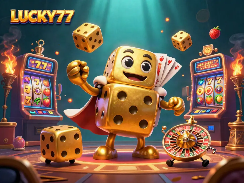 Engage with LUCKY77 in a vibrant 3D casino scene featuring cartoon characters and dynamic slot elements.