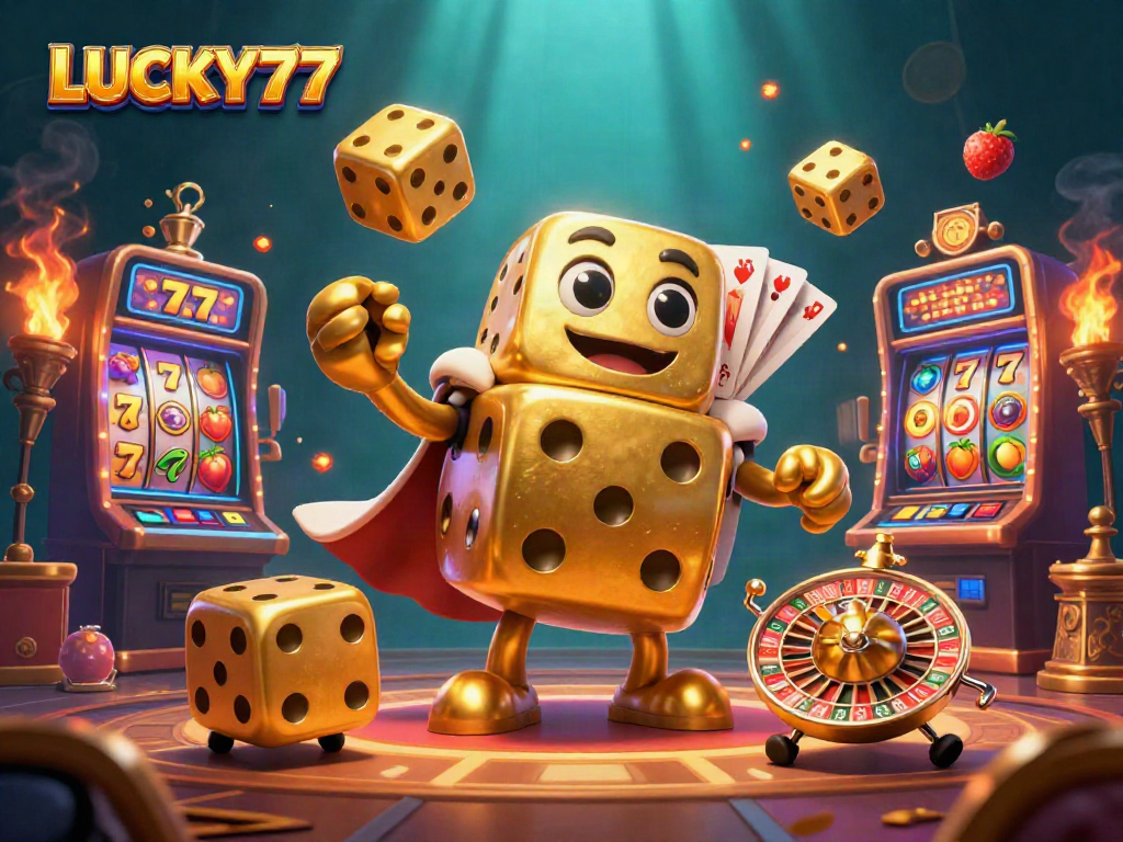 Engage with LUCKY77 in a vibrant 3D casino scene featuring cartoon characters and dynamic slot elements.