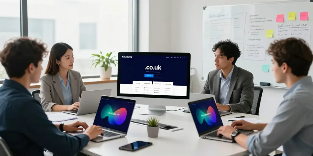 Buy .co.uk domain registration details discussed in a modern office with a team collaborating.
