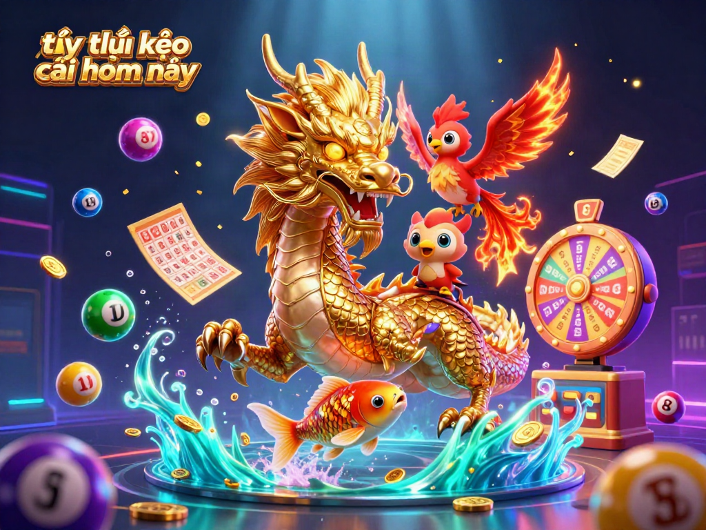 Bet on tỷ lệ kèo nhà cái hôm nay with engaging visuals of vibrant lottery elements and mythical creatures.