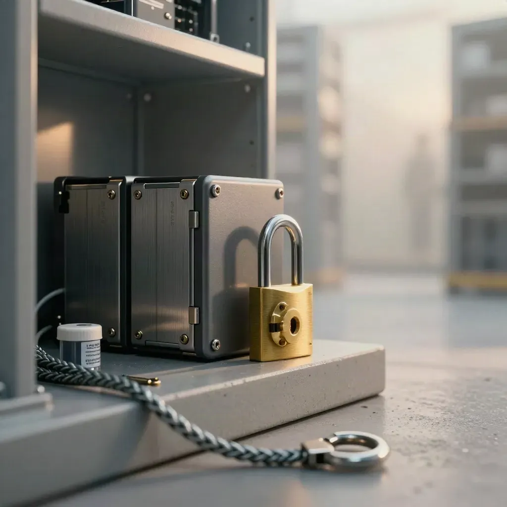 Hardware security module, SSD caddies and brass lock on concrete in misty light