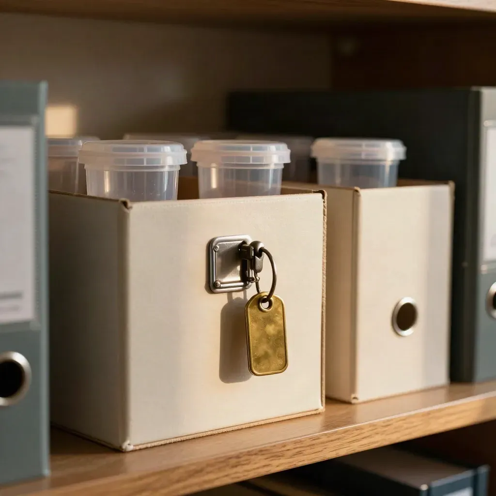 Clinic archive boxes, sealed specimen tubs and a brass key tag on a warm shelf.