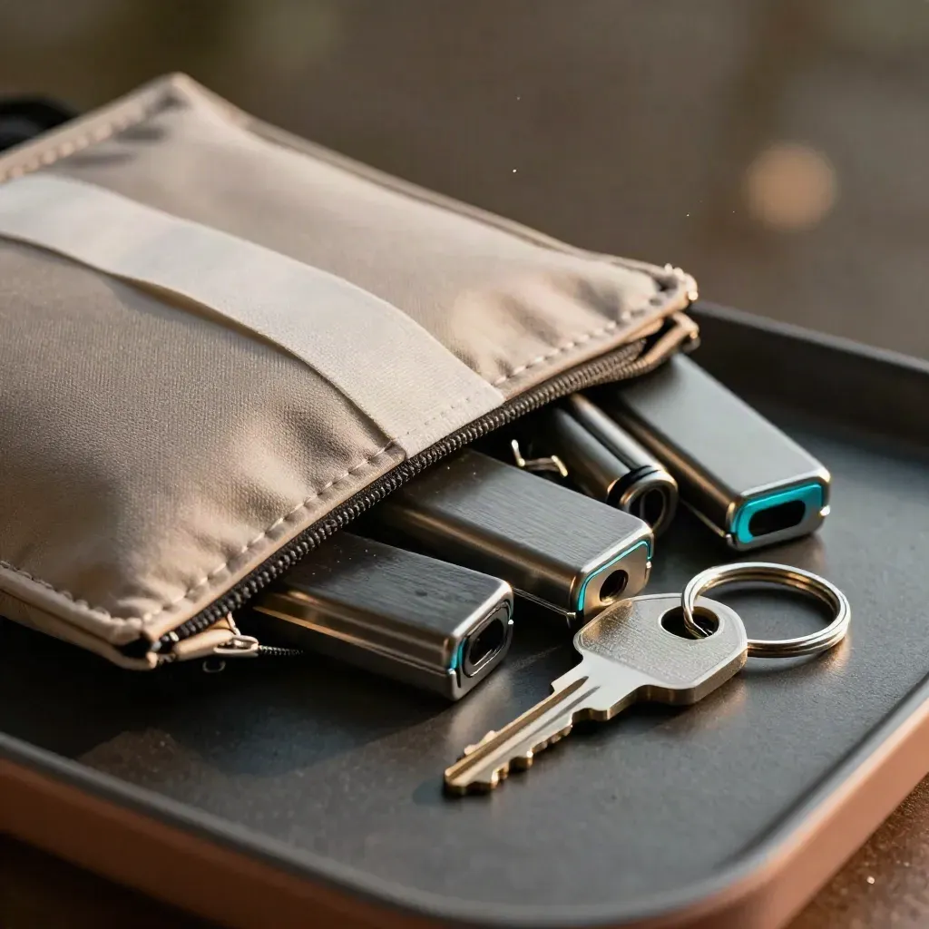 Encrypted drive cartridges, courier pouch, and key ring in a macro security still life