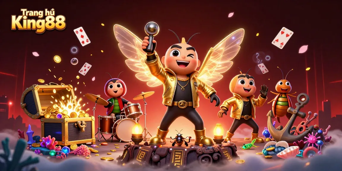 Experience a vibrant 3D casino scene showcasing king88 with engaging game elements and a cartoon rock star.