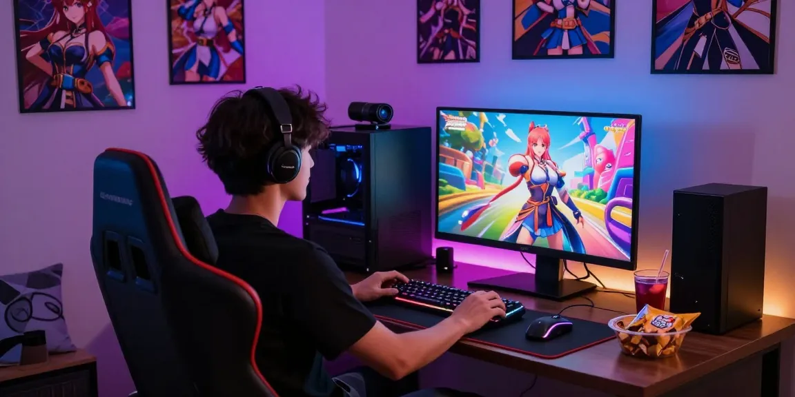 Immersive gaming scene featuring a player enjoying a hentai game in a cozy, decorated bedroom.