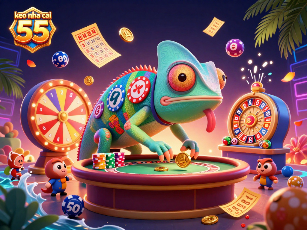Engage with keo nha cai 55 through vibrant 3D illustration showcasing exciting games and winnings.