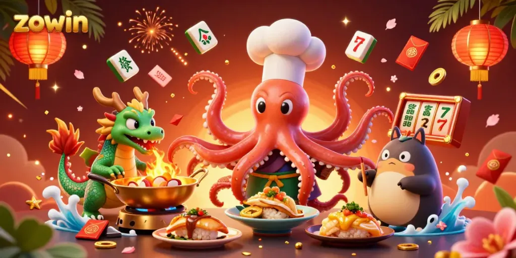 Zowin casino scene with a cartoon octopus sushi chef, dragon, and tanuki amidst vibrant gambling elements.