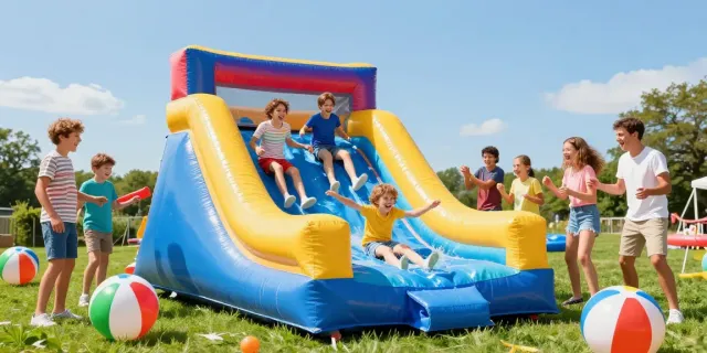 Exciting inflatable water slide experience with children enjoying a fun summer day.
