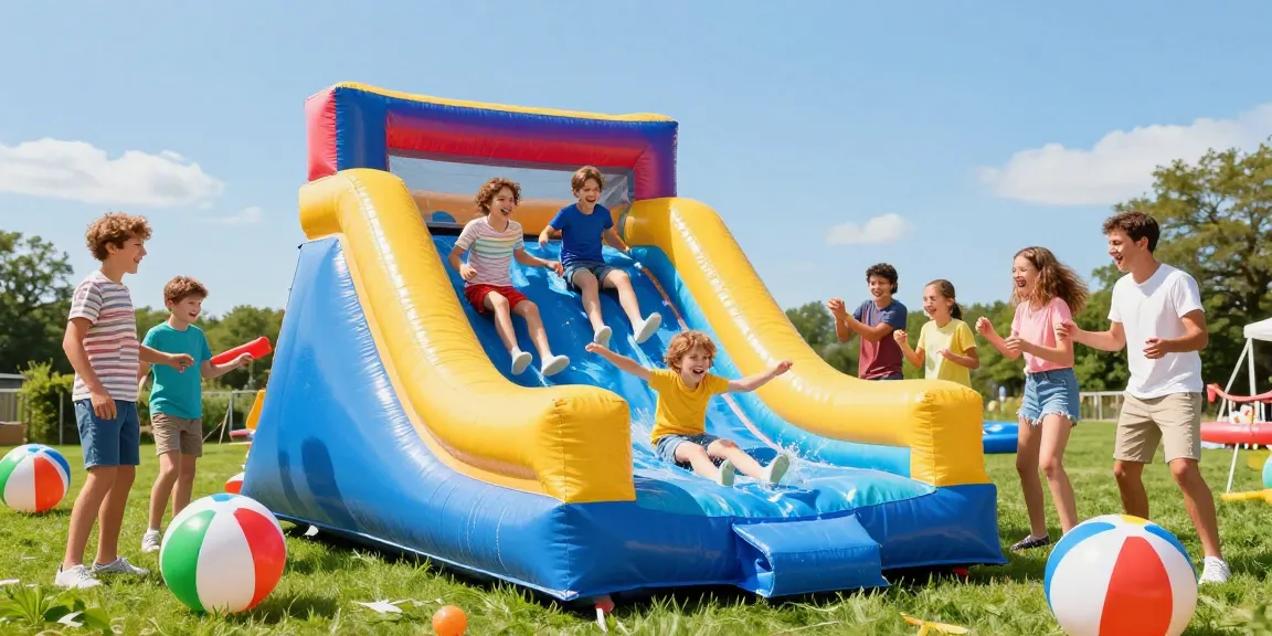 Exciting inflatable water slide experience with children enjoying a fun summer day.