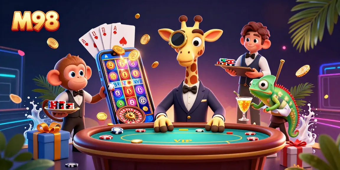 M98 offers thrilling slot gaming with colorful visuals and dynamic gameplay elements featured in the illustration.