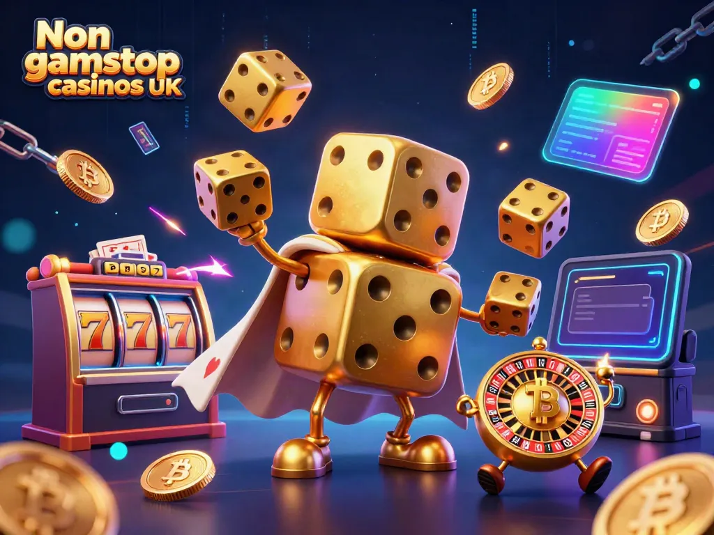Exciting scene in a 3D casino featuring Non gamstop casinos UK with vibrant golden dice and crypto elements.
