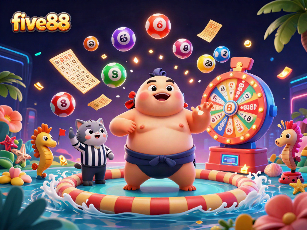 Engage with five88's thrilling lottery game scene featuring vibrant elements and characters in action.