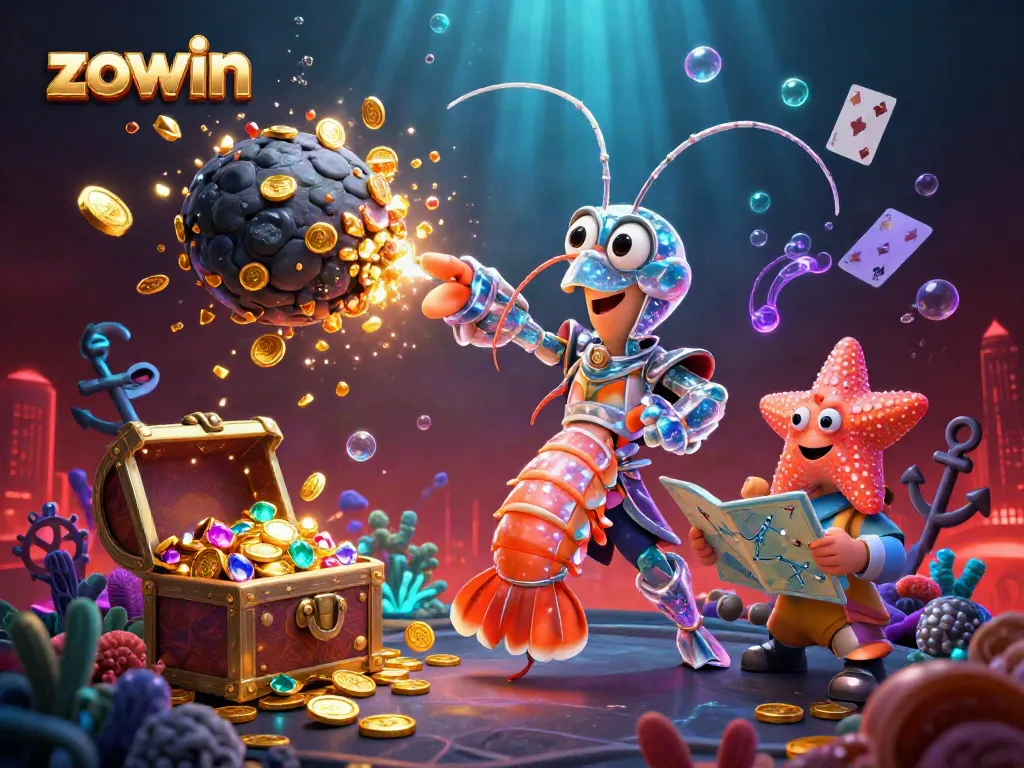 Zowin's exhilarating scene showcases a galactic samurai mantis shrimp in a dynamic underwater casino, bursting with gold coins and vibrant gems.