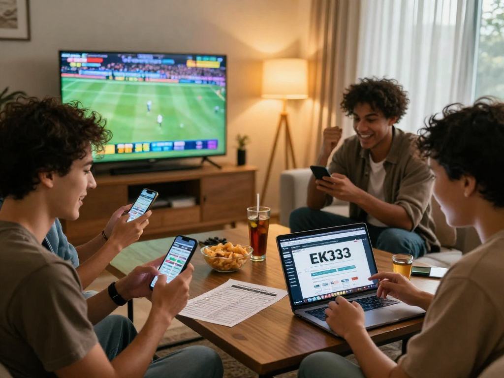EK333 online betting scene with friends enjoying live sports and betting.
