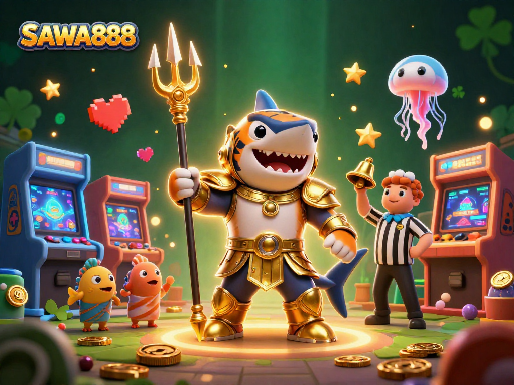 Engage with SAWA888's thrilling underwater casino adventure featuring a shark in gladiator armor.