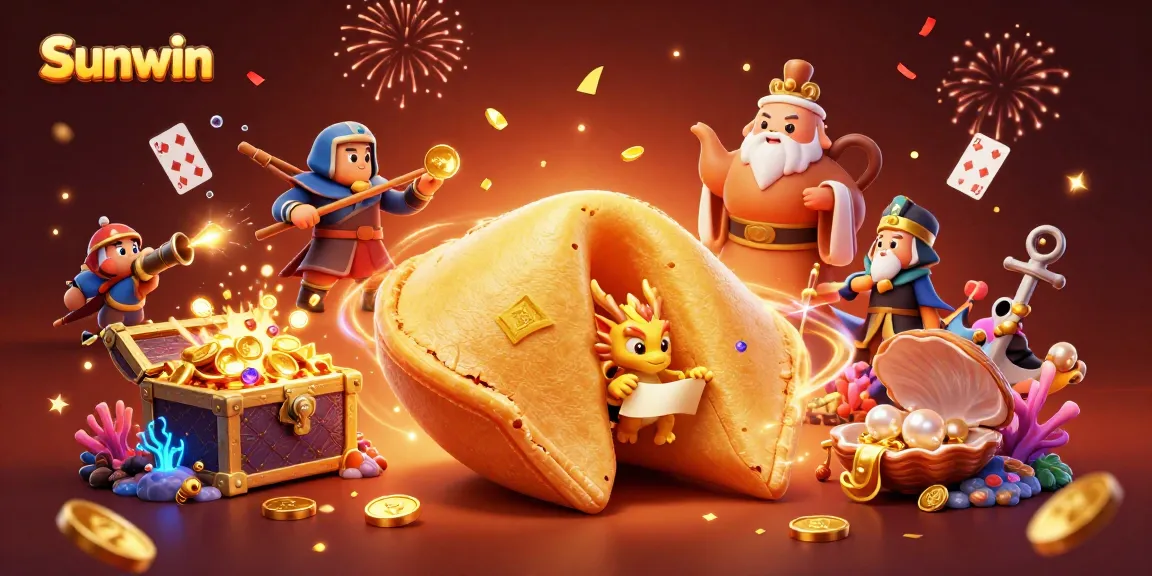 Win big at Sunwin with a vibrant, immersive casino scene featuring golden fortune cookies and dynamic gaming elements.