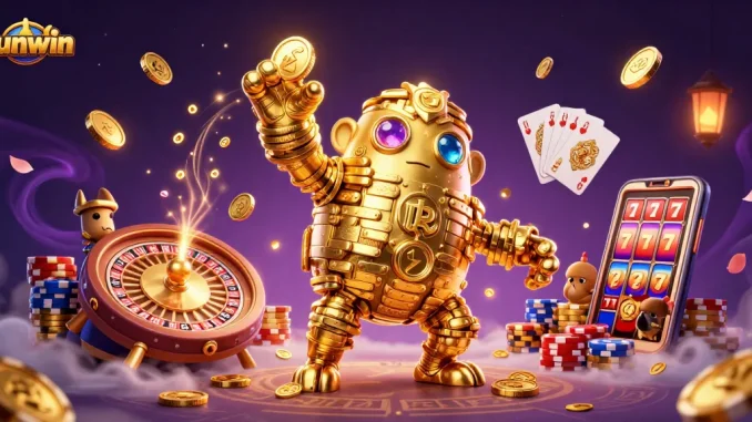Enjoy thrilling gaming at Sunwin, featuring a golden golem, roulette, and dazzling casino elements!